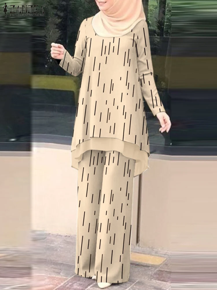 

ZANZEA Printed Muslim Sets 2PCS Women Matching Sets Casual Long Sleeve Blouses+ Loose Pants Autumn Turkey Abaya Isamic Outfits