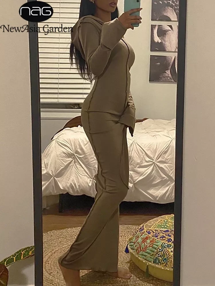 

NewAsia Hoodie Dress Split Long Sleeve Straight Bodycon Dresses Midi Vestidos Casual Women Khaki Robe Sexy Streetwear 2020 Fall