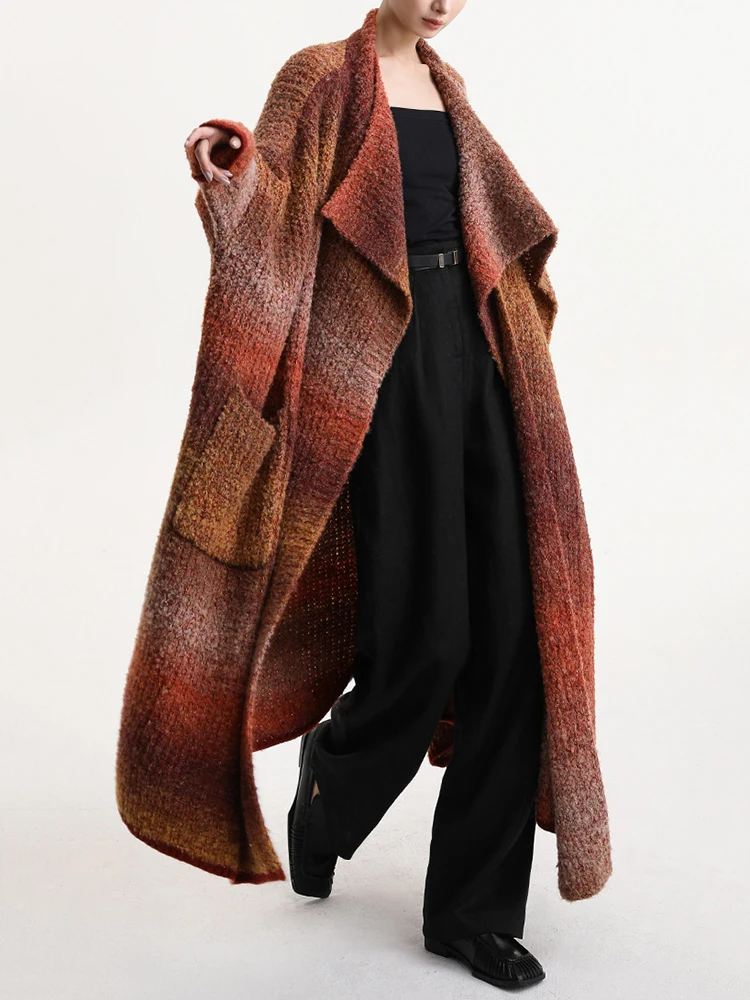 [EAM] Зеленый длинный вязаный кардиган большого размера свитер шарф воротник рукав