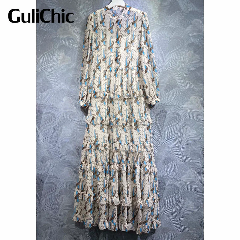 

7.22 GuliChic Women Holiday Fashion Chic Print Stand Collar Long Sleeve Ruffles Spliced Eleagnt Temperament Long Dress