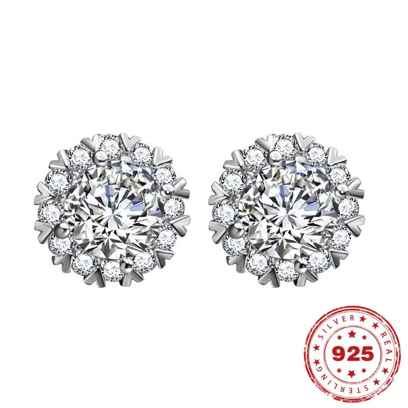 S925 Sterling Silver color Zircon Garnet Stud Earring for Women Fine Aro Mujer Oreja Silver 925 Jewelry Wedding Round Earrings