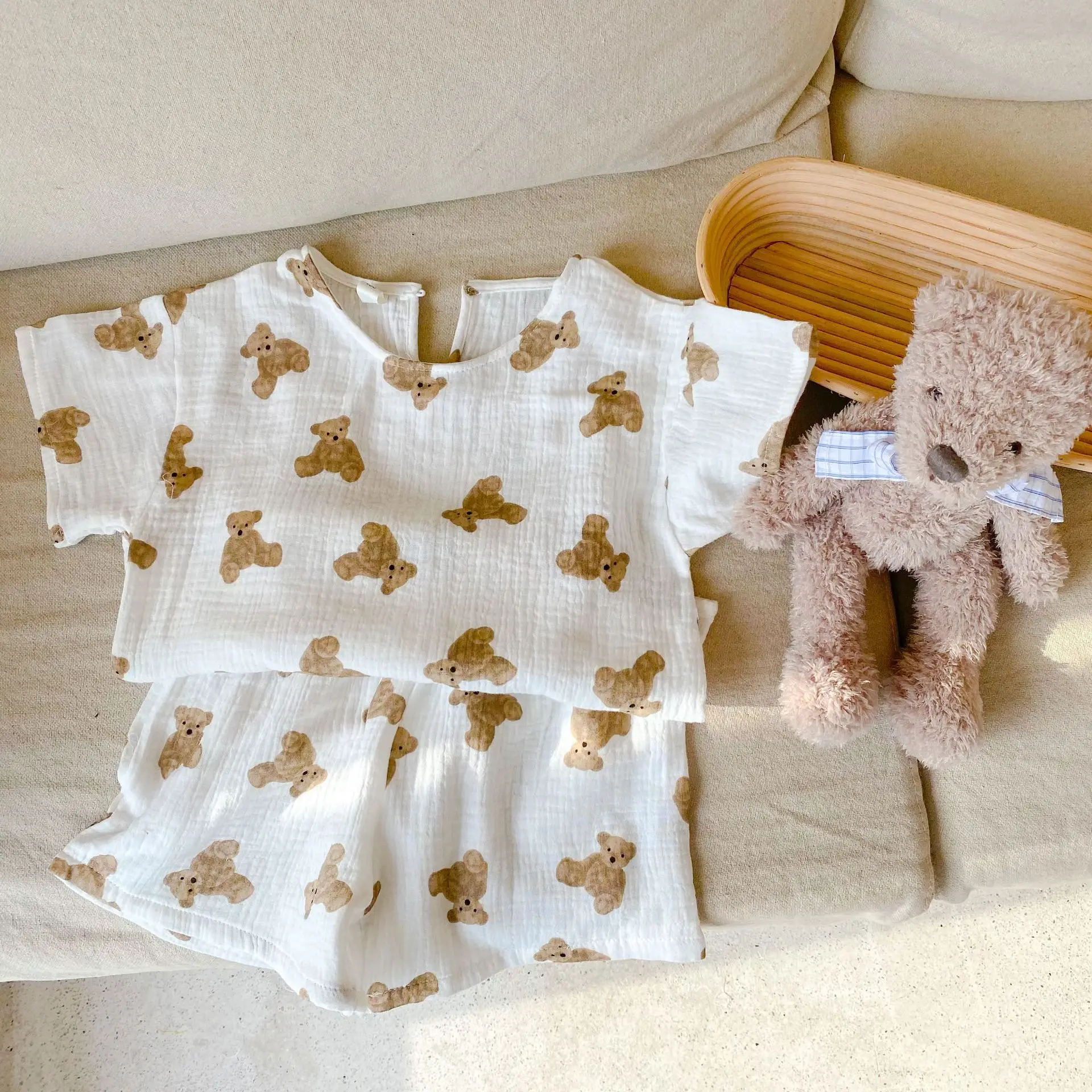2022 Summer New Baby Clothes Set Cotton Linen Children 2pcs Suit Cute Bear Print Boys Short Sleeve Set Kids Girls Casual Outfits