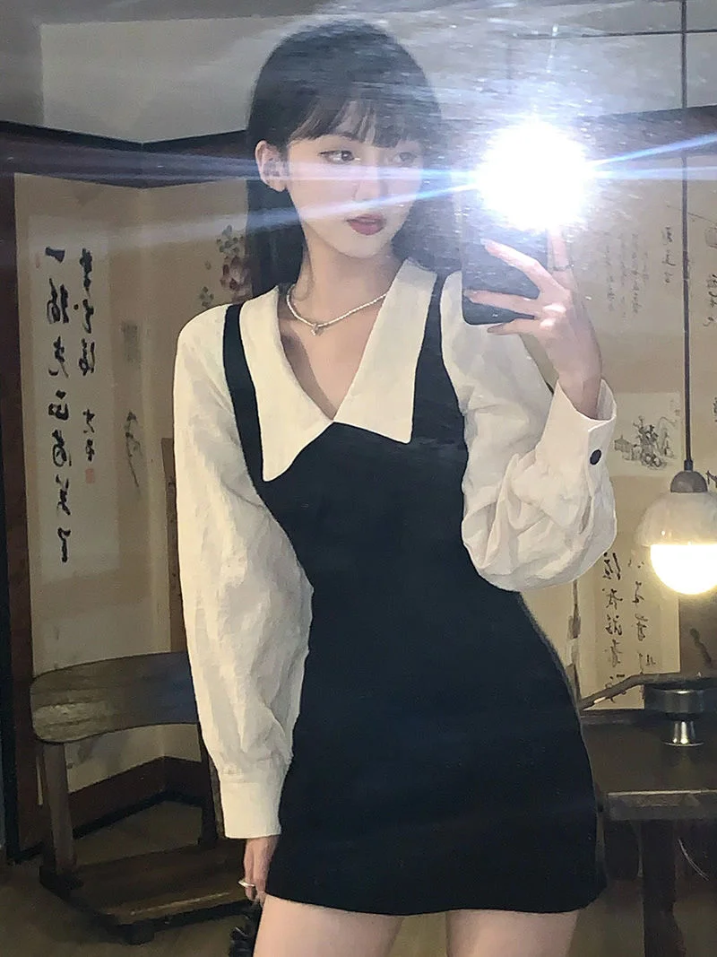 

Women's Dresses Long Sleeves Black White Korean Fashion Sexy Mini Bodycon Vintage Harajuku Streetwear Kawaii
