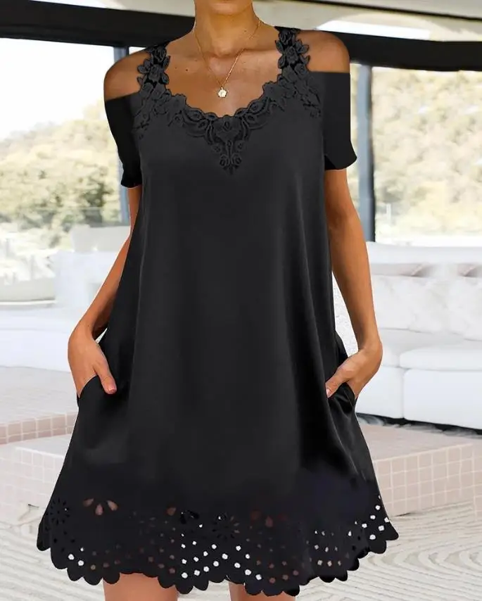 

Summer Dresses Woman 2022 Plain Fashion Contrast Lace Cold Shoulder Hollow-Out Casual Pocket Short Sleeve Mini Daily Dress
