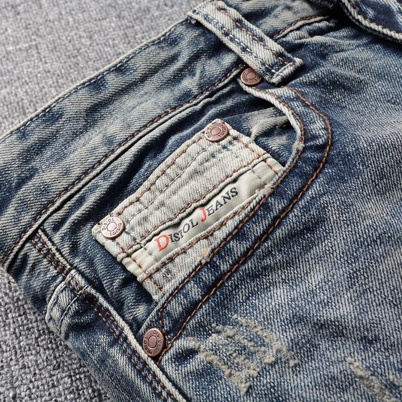 Newly Designer Fashion Men Jeans Retro Washed Slim Fit Ripped Jeans Men Distressed Patched Trousers Vintage Denim Pants Hombre