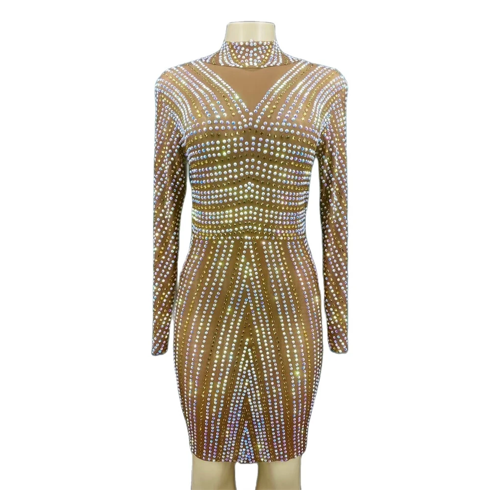 

Brown Shining Rhinestones Crystal Sexy Women Sheath Dress Evening Prom Party Club Clothing Stage Dance Singer Costumes