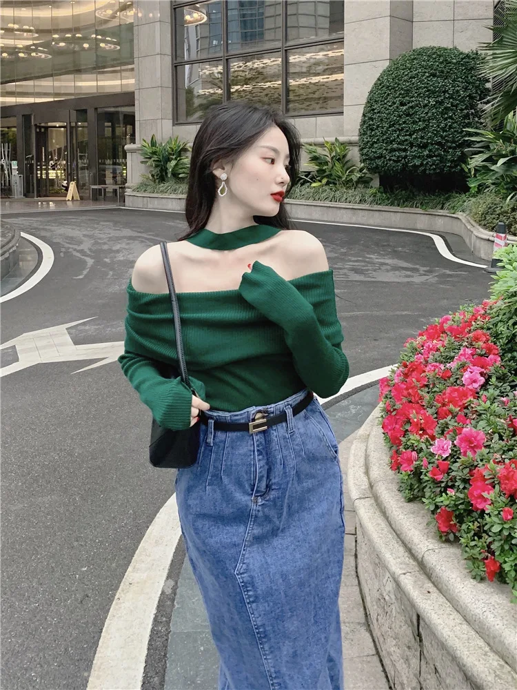 

Green Color Retro Hip Hop Women Slash Neck Sweater Pullover Spring Fall Long Sleeves Harter Lady Sheath Crop Tops