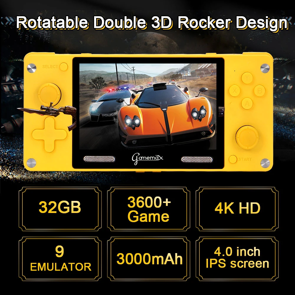 A380 Portable Handheld Video Game Console Built-in 3600+ Retro Games 4.0 Inch IPS Screen 9 Simulators 3D Rocker For Kids Gift