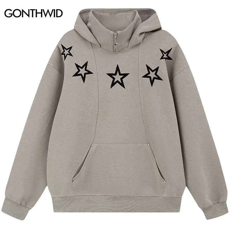 

Толстовка в стиле хип-хоп с капюшоном и вышивкой в стиле Харадзюку, свитшот на молнии с высоким воротником и капюшоном, модная свободная водолазка Y2K, 2023