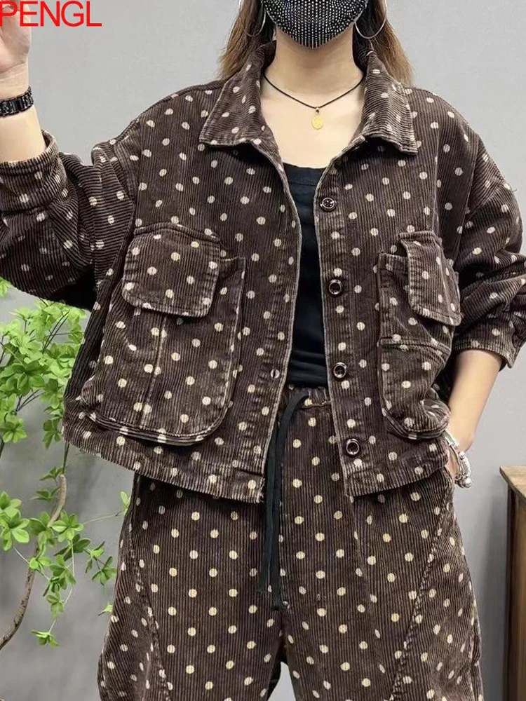 

Autumn New Vintage Versatile Fashion Loose Big Pocket Casual Corduroy Polka Dot Streetwear Jacket Women's Single Breasted Coat