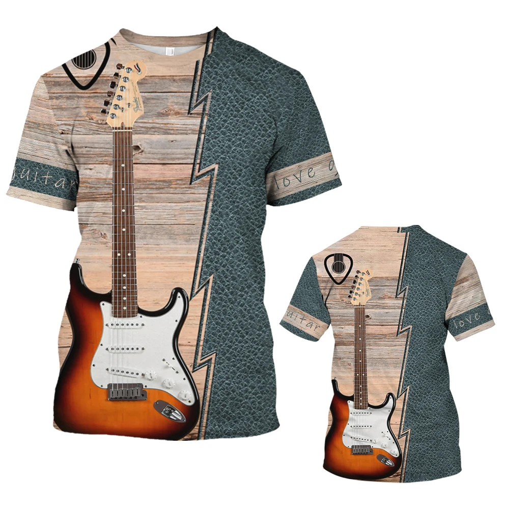 

Summer Men's Short Sleeve Instrument Series Guitar 3D Print Large Round Neck Sports Loose Casual T-shirt Quick Drying Material