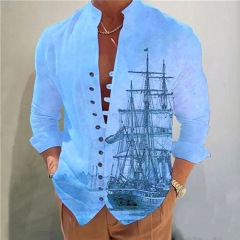 

Spring Autumn Sailboat printin Hot Sale Men's Long-Sleeved Shirts Solid Color Stand-Up Collar Casual Style Plus Size Shirts