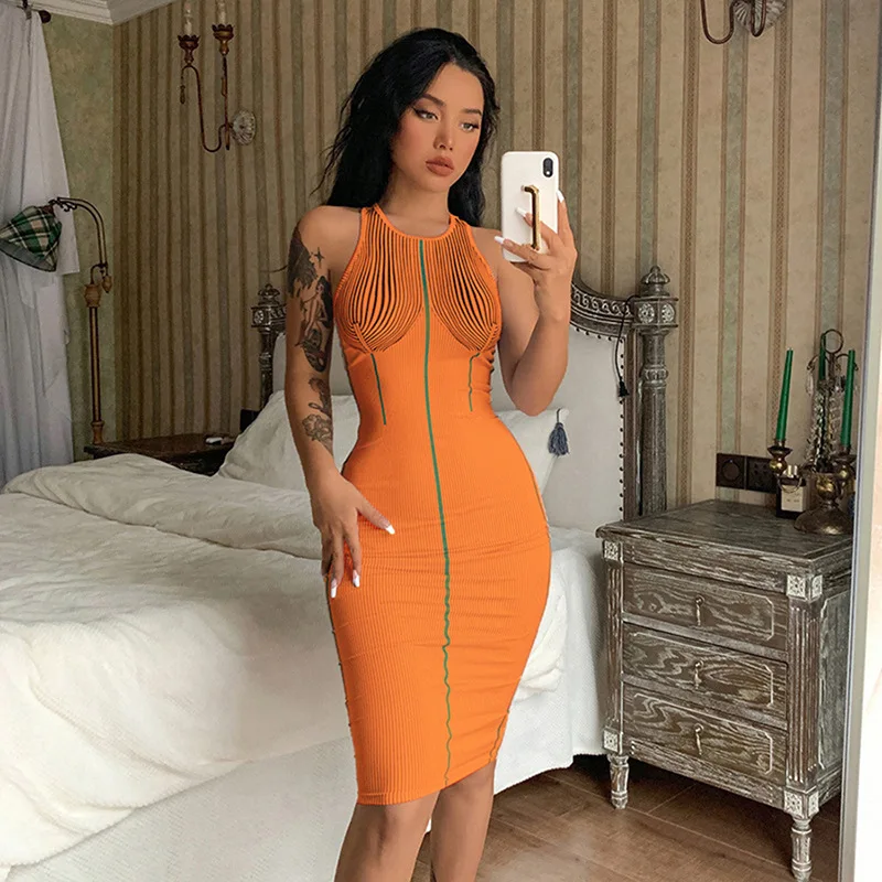 

Wishyear 2022 Chic Summer Dress for Woman Stripe Printed Sleeveless Bodycon Midi Dresses Night Club Sexy Outfits