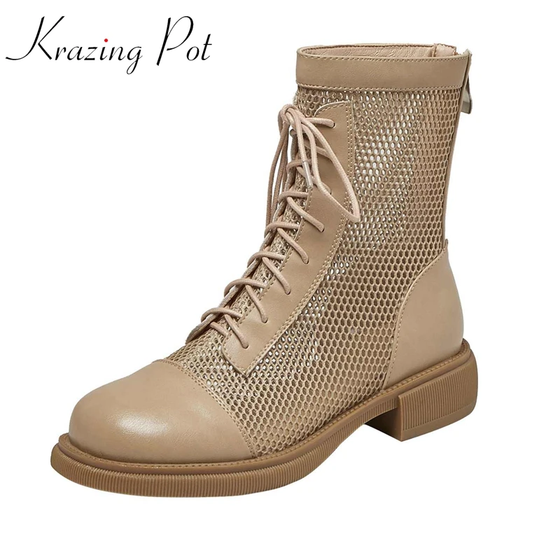 

Krazing Pot Genuine Leather Round Toe Med Heel Summer Boots Cross-tied High Street Fashion Breathable Classic Ankle Boots L26
