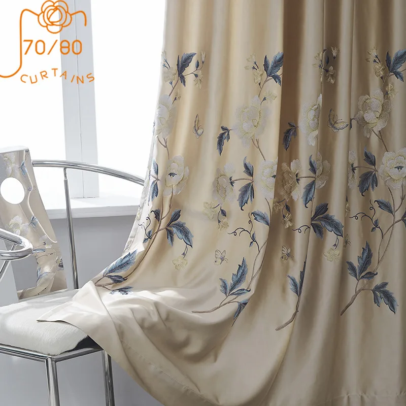 New Chinese High-end Imitation Silk Embroidered Curtains for Living Room Bedroom Study Customized Finished Gauze Curtain