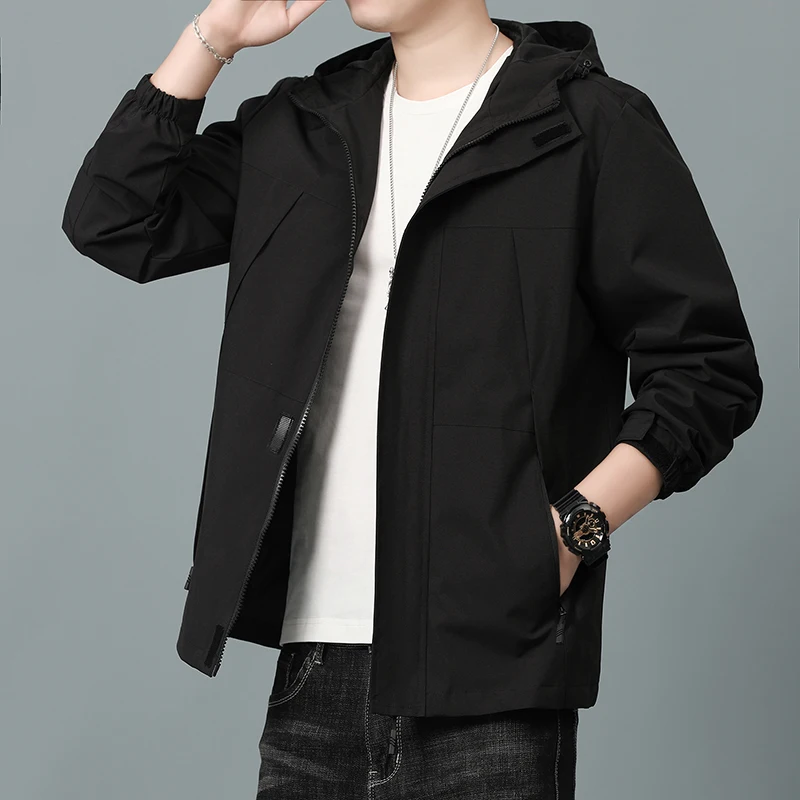 

Men's Hoodie Jacket Fashion Spring Outdoor Jackets Windproof Windbreaker Coats Outerwear Solid Color Brand Male Clothing M-4XL