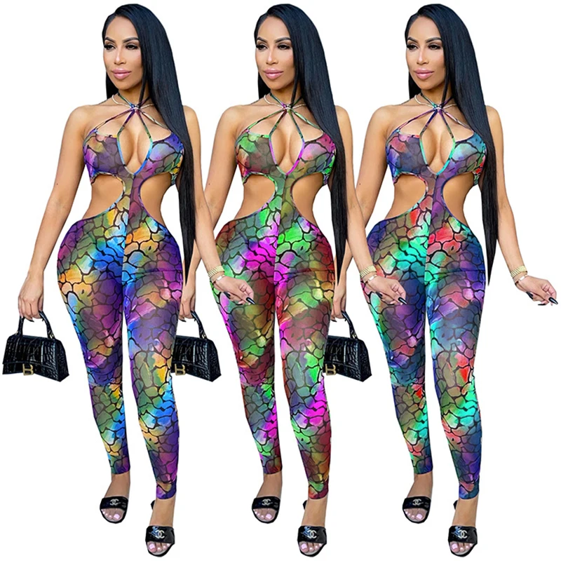 

2022 summer new high street commuter women's digital printing neck wrap chest fashion sexy nightclub Jumpsuit