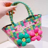 chic woven handbags for women square plastic colorful basket shoulder bags girl%e2%80%99s contrasting colors beach lattice fashion bags