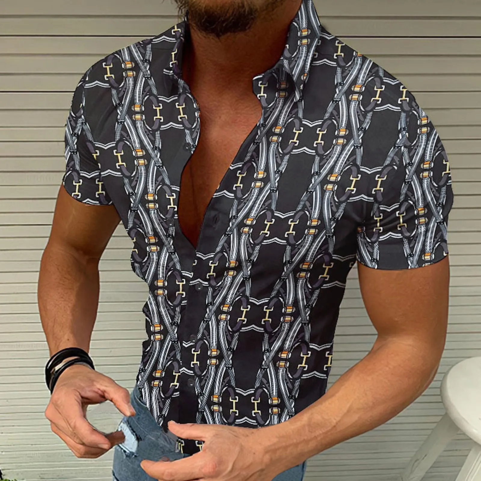 

Men Spring Summer Vacation Single Breasted Casual Lapel Full Print Beach Short Sleeve Outdoor Holiday Shirt Long Sleeve Blouse