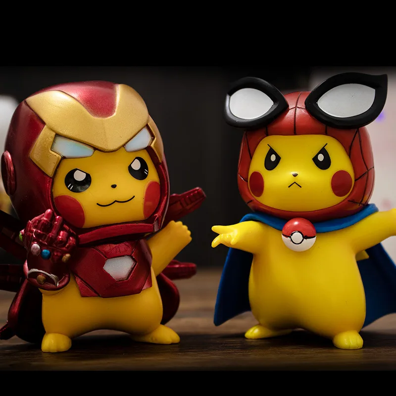 

10cm Pokemon Anime Figure Pikachu Cosplay Avengers Iron Man Spider-man PVC Model Kawaii Pikachu Figurine Toy For Kids Gift