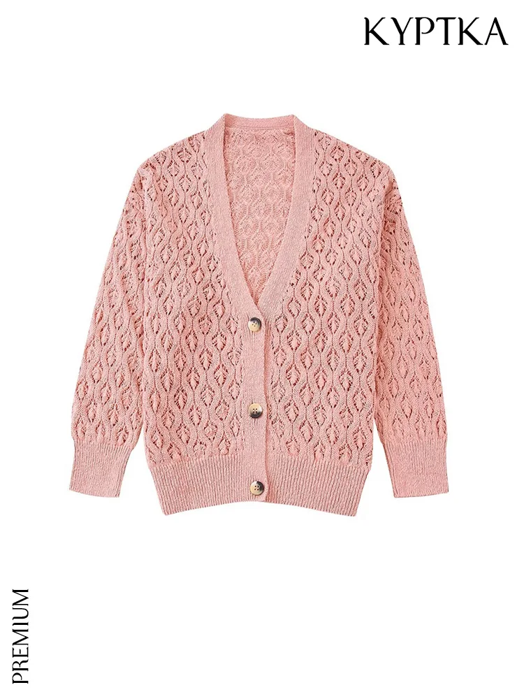 

KYPTKA Women Fashion Front Button Loose Pointelle Knit Cardigan Sweater Vintage V Neck Long Sleeve Female Pullovers Chic Tops