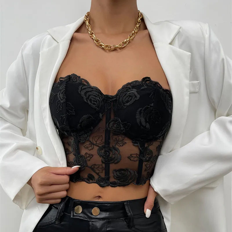 Womens Bustier Crop Tops Embroidery Flower See Through Off Shoulder Tank Vintage Harajuku Fairy Grunge Emo Alt Corset Top |