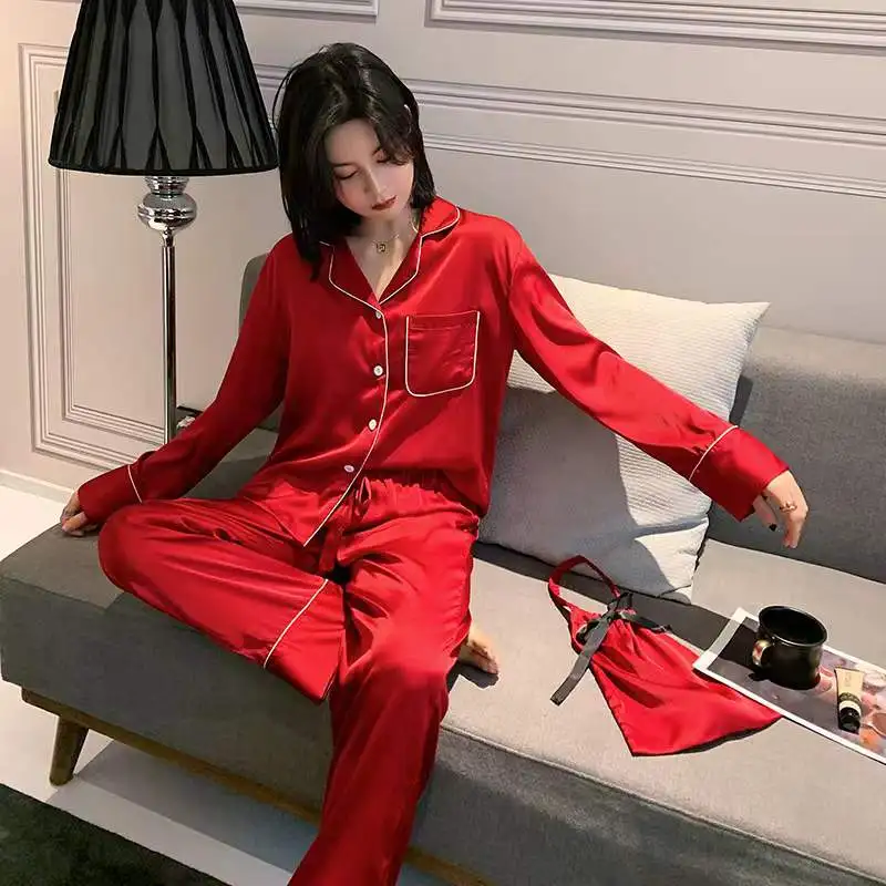 Pajamas Lady Autumn Ice and Snow Silk Women's Pajamas Long Sleeve Pants Set Home Costume Solid Casual Comfort Sleepwear