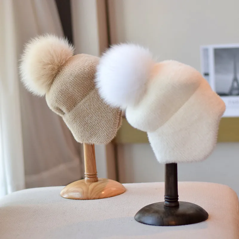 

Зимние шапки для женщин шапка из меха Мартена с помпоном из натурального Лисьего меха модные теплые облегающие Шапки Женские однотонные ша...