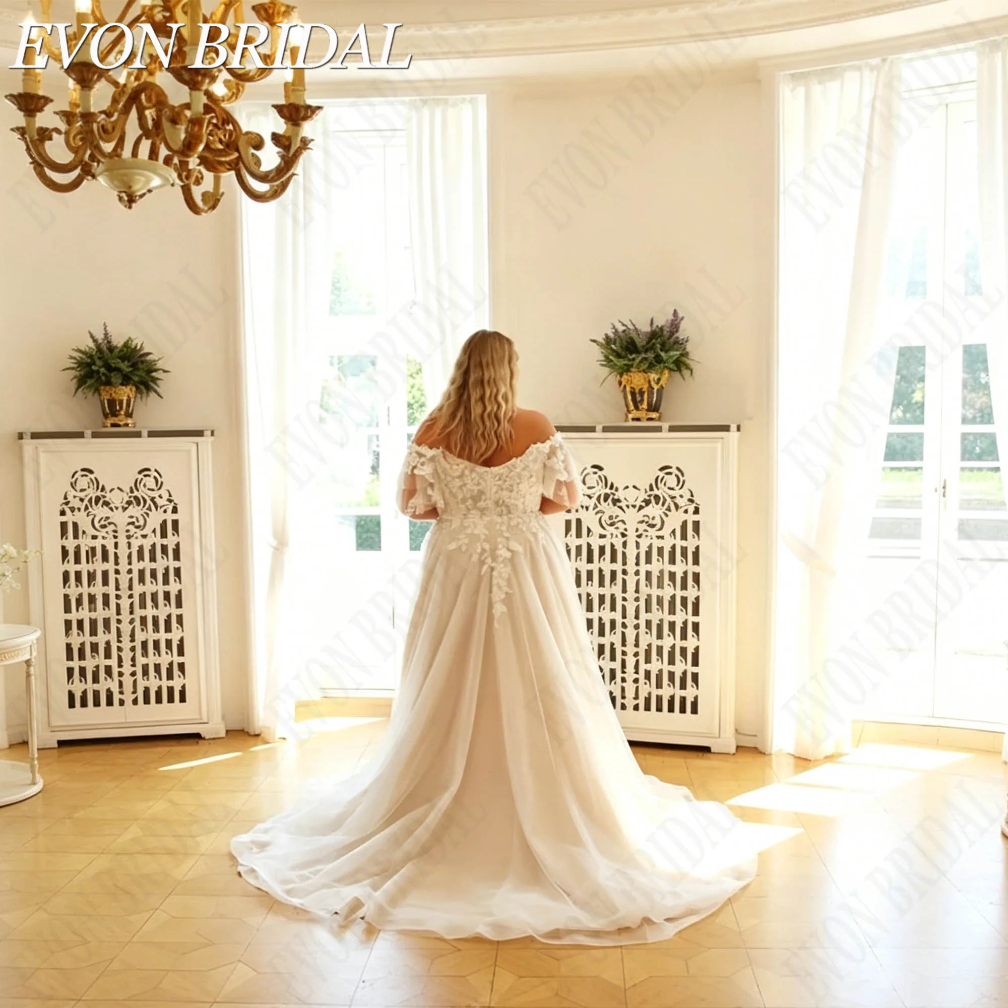 Фото EVON BRIDAL Свадебное платье больших размеров с кружевными аппликациями V-образный вырез из тюля А-силуэт на одно плечо индивидуальный пошив невесты платье для свадебной церемонии официального бракосочетания №5