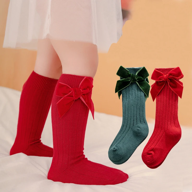 

0-24 Months kids Cotton Christmas Socks Newborn Baby Girl Infant Toddler Kids Children Knee High Stockings with Velvet Bows