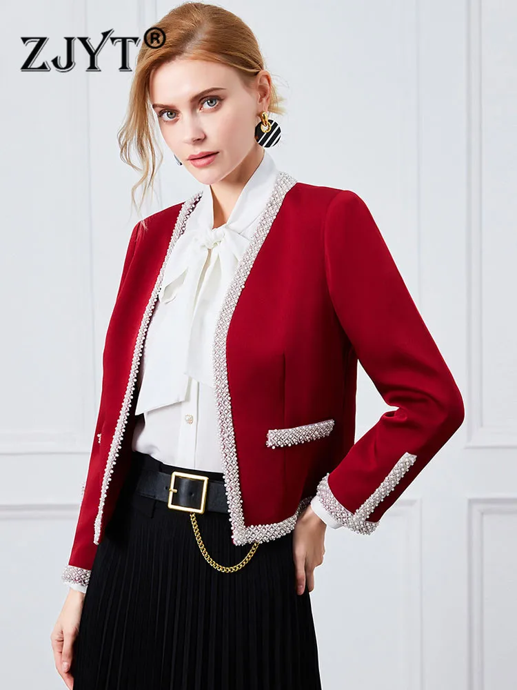 ZJYT Designer Luxury Pearls Beading Spring Autumn Blazers for Women Elegant Office Lady Party Jackets and Coats Full Sleeve 5XL
