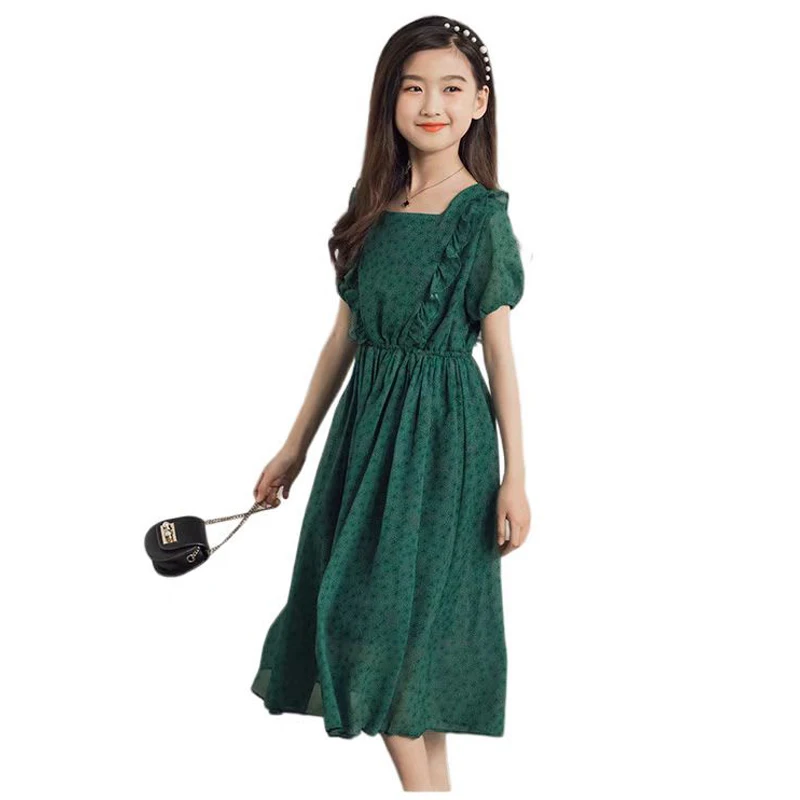 

Summer Girl Dress Elegant Dark Green Floral Dress 2022 New Chiffon Children Clothing Cute Mid Long Ruched Kids Dresses 4-14 Year