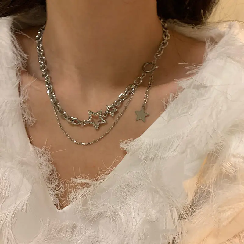 

Shiny Star Layered Tassel Choker Necklace Y2k Jewelry for Women 2023 Fashion Pentagram Silver Color Chain Zircon Charm Necklaces