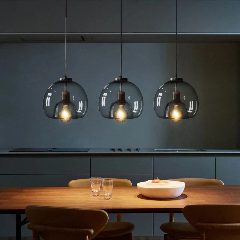 

Nordic LED Pendant Lamp E27 Chandelier for Living Dining Room Kitchen Island Bedroom Modern Gray Glass Ceiling Hanging Lighting