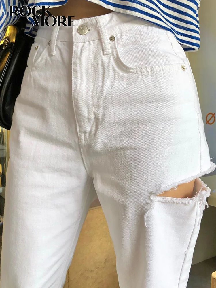 Rockmore/хлопковые джинсы с высокой талией и дырками белые повседневные Прямые брюки