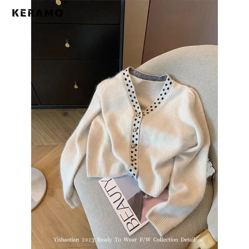 

Женский трикотажный свитер в горошек, повседневный однобортный свитер в Корейском стиле с длинными рукавами, зима 2023