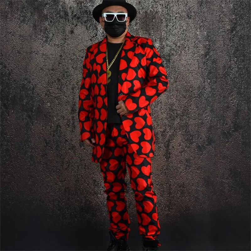 

Blazers Mens Suits Jackets Red Heart Printing Stage Visual Coat Fashion Stylist Studio Singer Trajes Elegantes Para Hombre