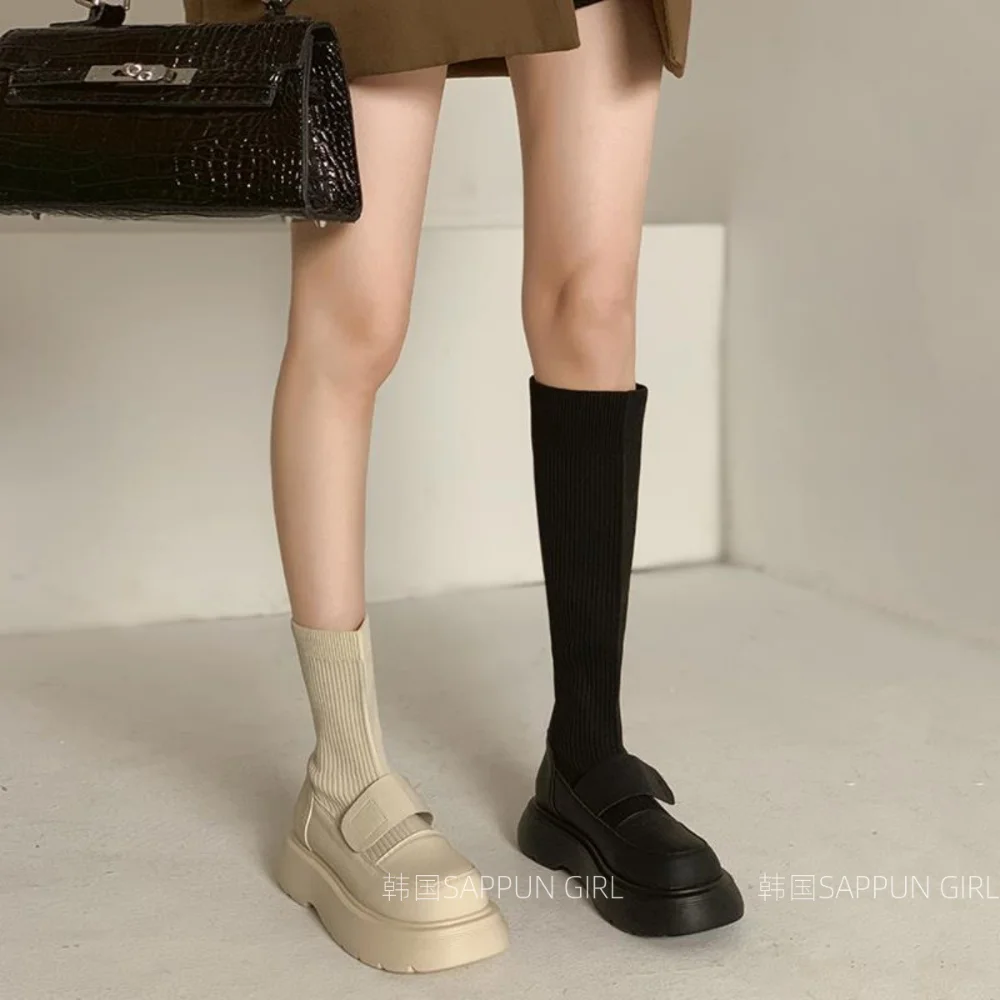 Fashion High Sock Boots For Women Round Toe Ladies Modern Rubber Female Shoes New Outside Platform Knee Stretch Boots