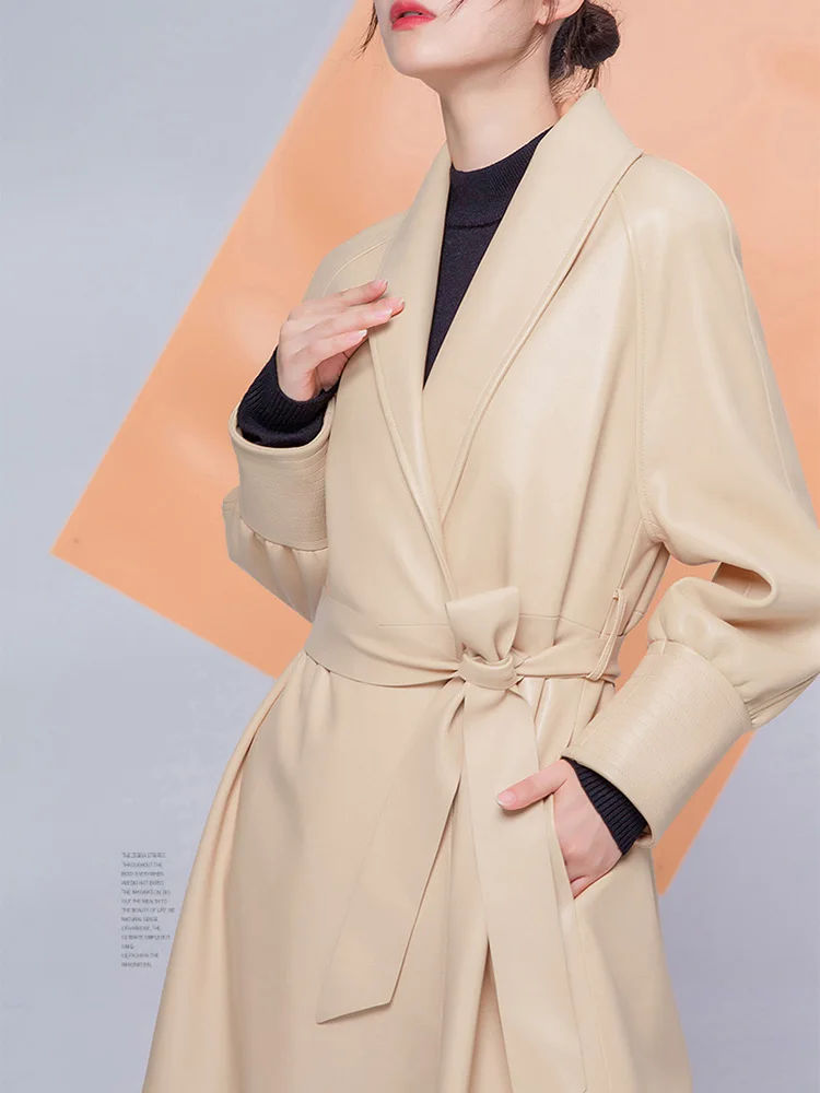 Nerazzurri Весенний длинный кожаный тренч для женщин с шалевым воротником и поясом