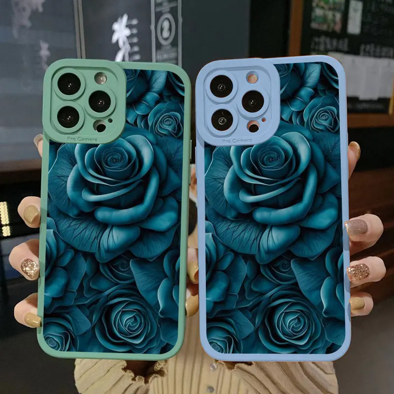

Luxury Soft Blue Flower Phone Case For iPhone 14 13 12 11 Pro Max 14 Plus 7 8 Plus SE 2020 X XS XR Silicone Back Covers Fundas