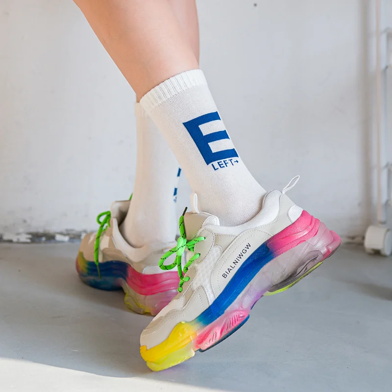 Women Socks Cotton Female Eye Chart White Lover Cool Asymmetry medium high tube socks Light color simple white women's socks