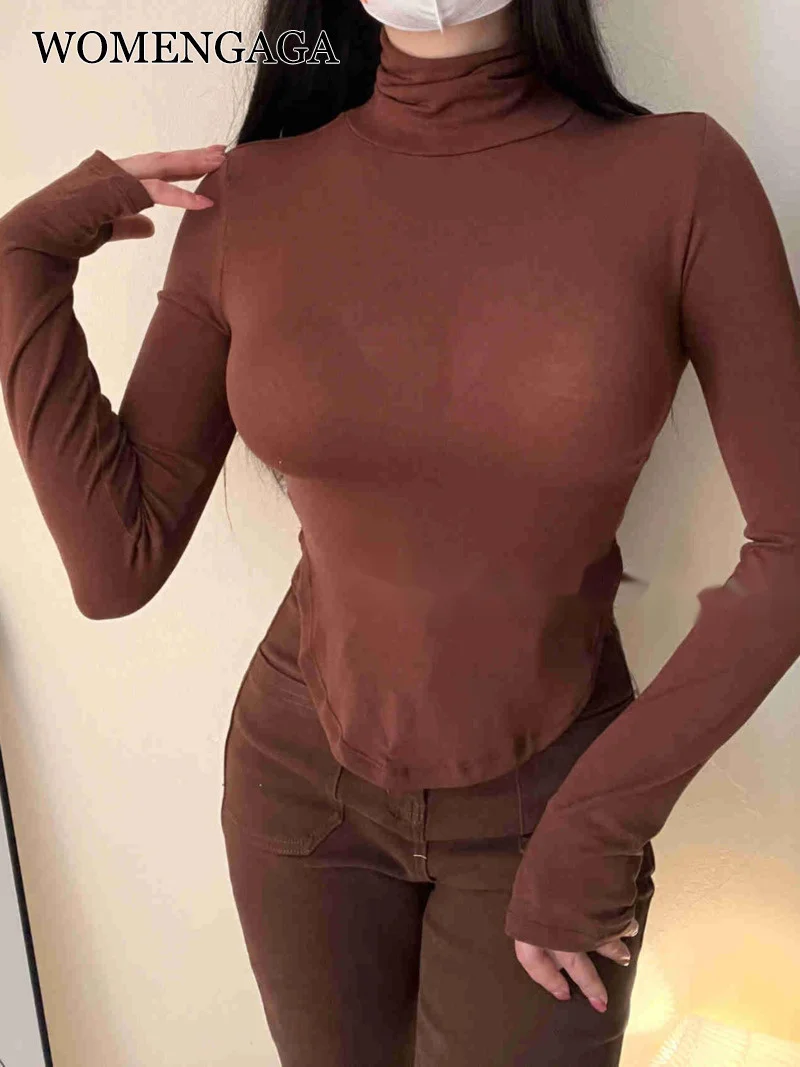 

Милая осенне-зимняя облегающая Базовая рубашка с высоким воротником, женские Необычные шикарные топы, облегающие привлекательные женские ...