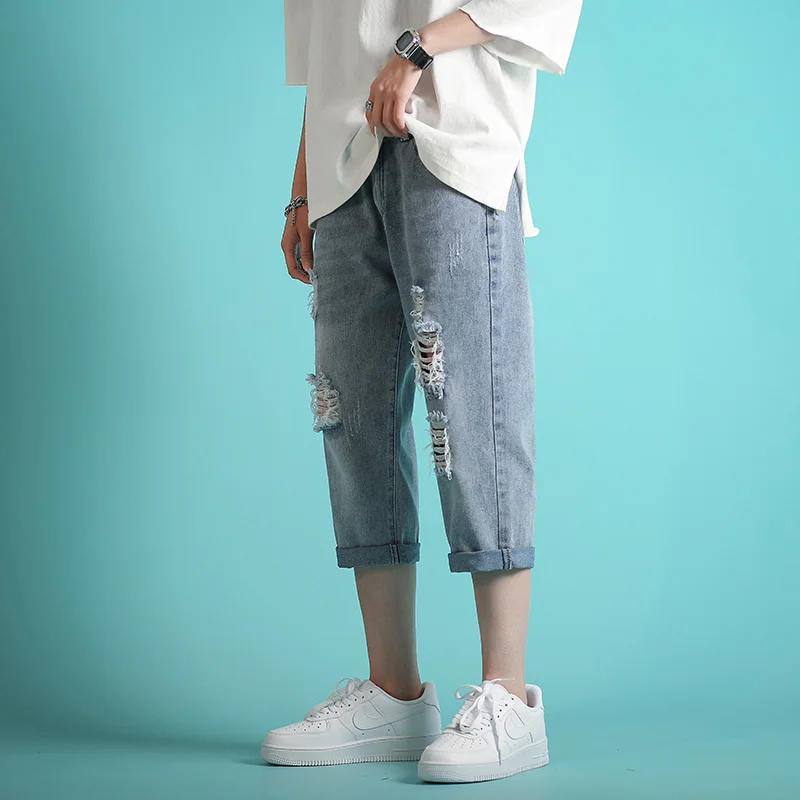 Summer Blue Ripped Jeans Men Slim Fashion Casual Straight Jeans Men Streetwear Hip Hop Hole Denim Pants Mens Cropped Pants