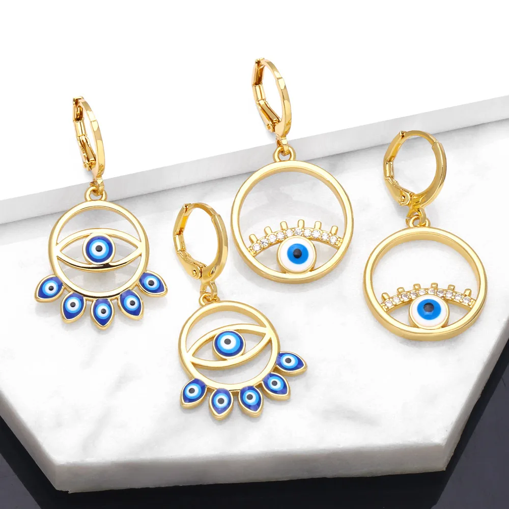 

FLOLA Polished Gold Hoops Greek Eye Earrings for Women Enamel Blue Evil Eye Dangle Earrings Lucky Turkish Jewelry Gifts ersa067