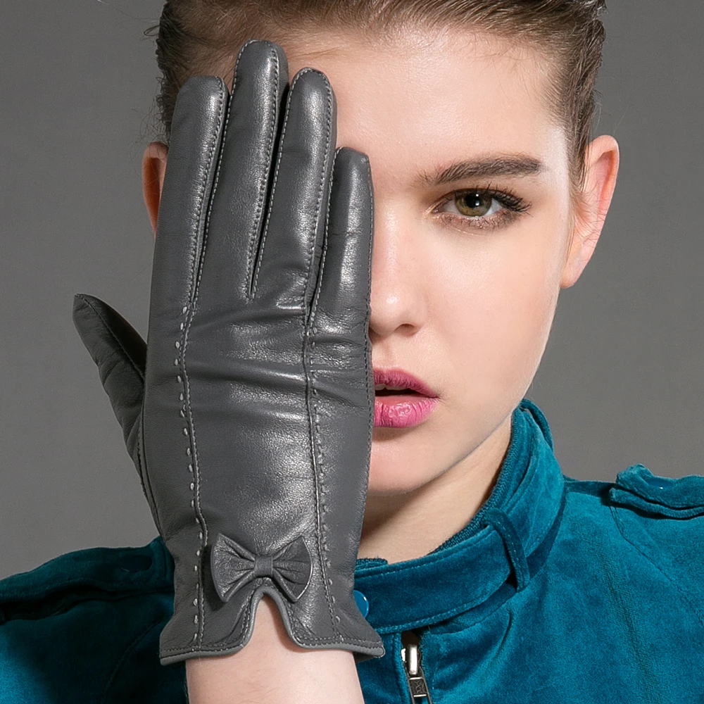 GOURS Winter Real Leather Gloves Women Gray Genuine Goatskin Gloves Fleece Lining Warm Soft Driving Fashion Bowknot New GSL015