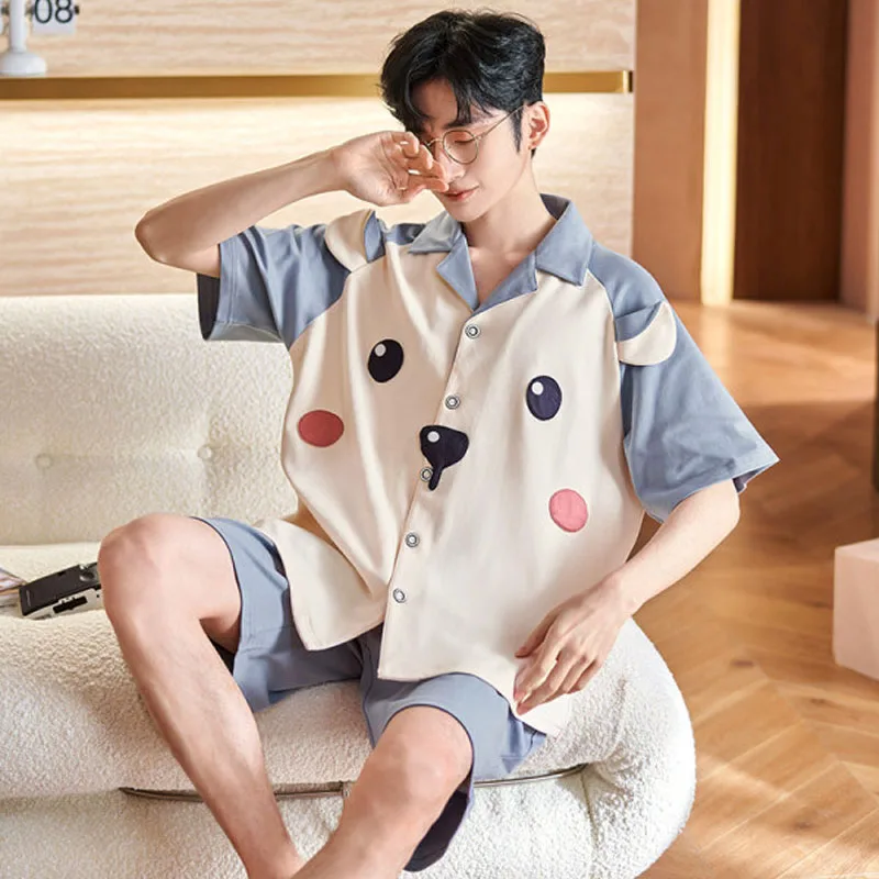 

QUHENG Cotton Men's Pyjamas Suit Summer Cartoon Casual Short Sleeve Sleepwear Nightwear Male Set Simple Casual Home Clothing