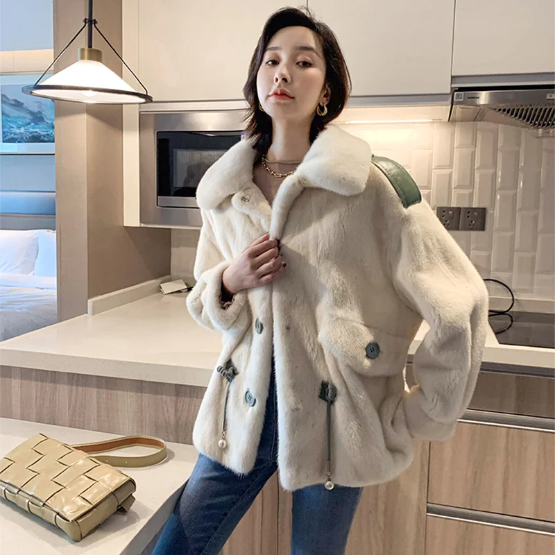 

Winter Coat Female 2022 Korean Version Casual Short Rex Rabbit Fur Epaulet Windbreaker Drawstring Waist Lapel Real Fur Jacket