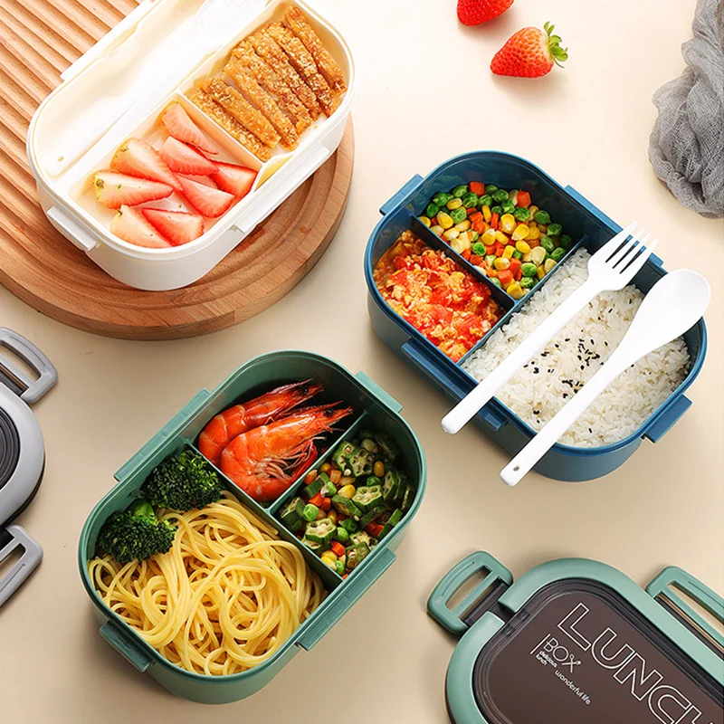 

Lunch Box 2 Layers Grids Student Office Worker Microwave Hermetic Bento Box Outdoor Picnic Fruit Food Container with Fork Spoon