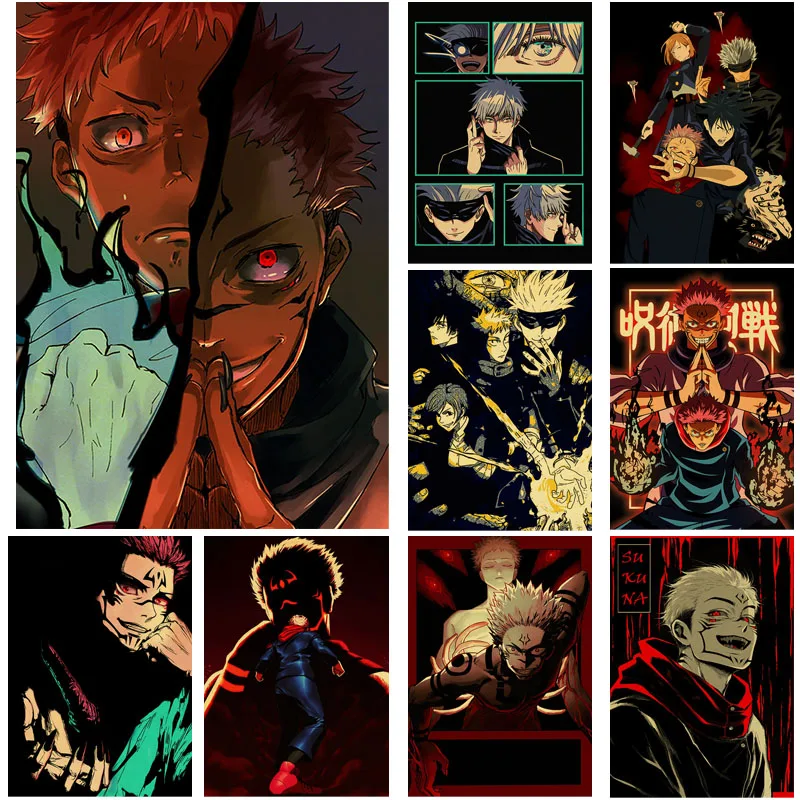 

Классический постер ююютсу касин, HD принты, картина годжо Сатору, риомен, сукуна, крафт-бумага, художественная Настенная картина, фон для дом...