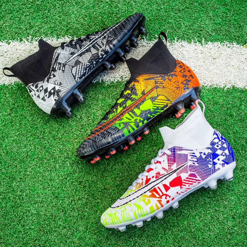 

Football shoes, men's long spikes, rainbow color, high top TF broken nails, adult AG training, college student competition sneak